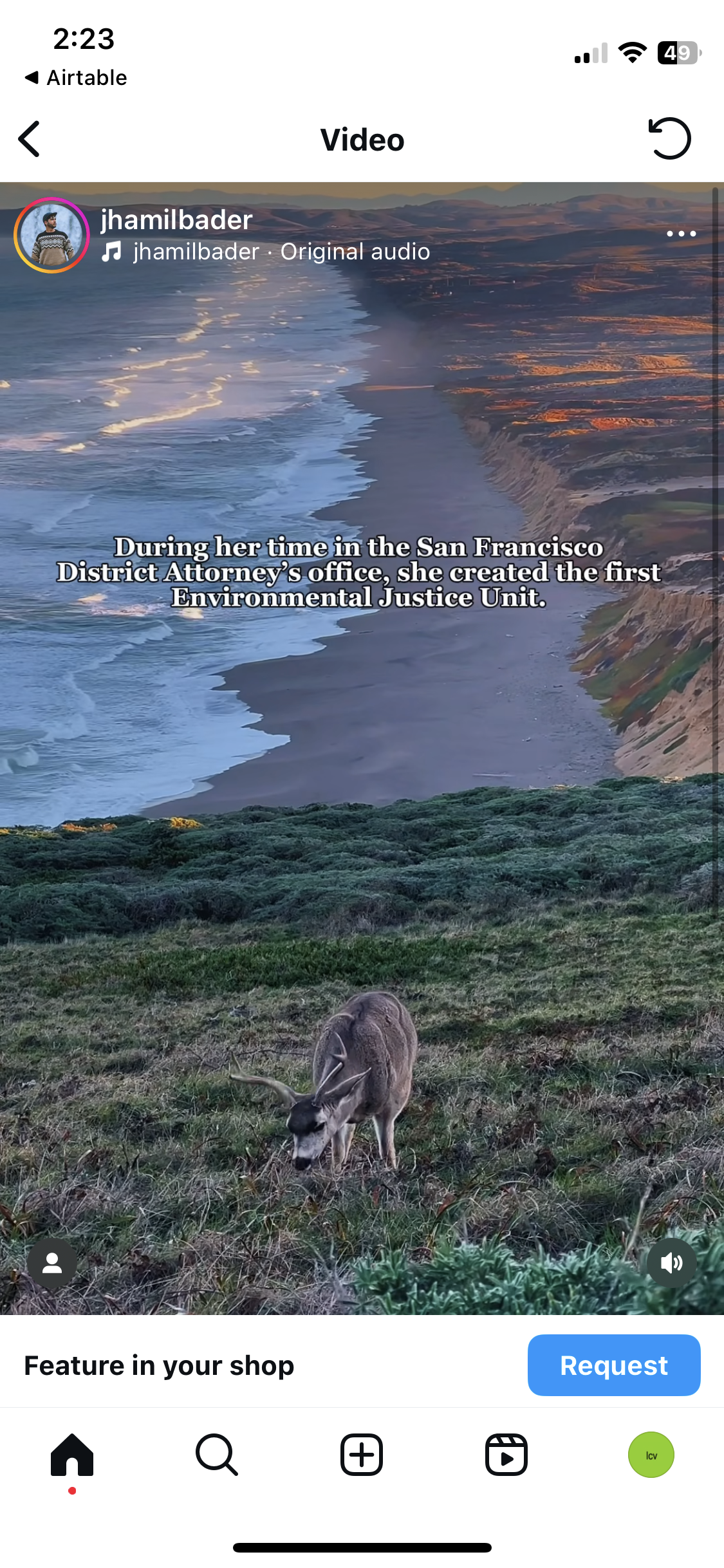 A screenshot of an Instagram post. Text on the post reads "During her time in the San Fransisco District Attorney's office, she created the first Environmental Justice Unit"
