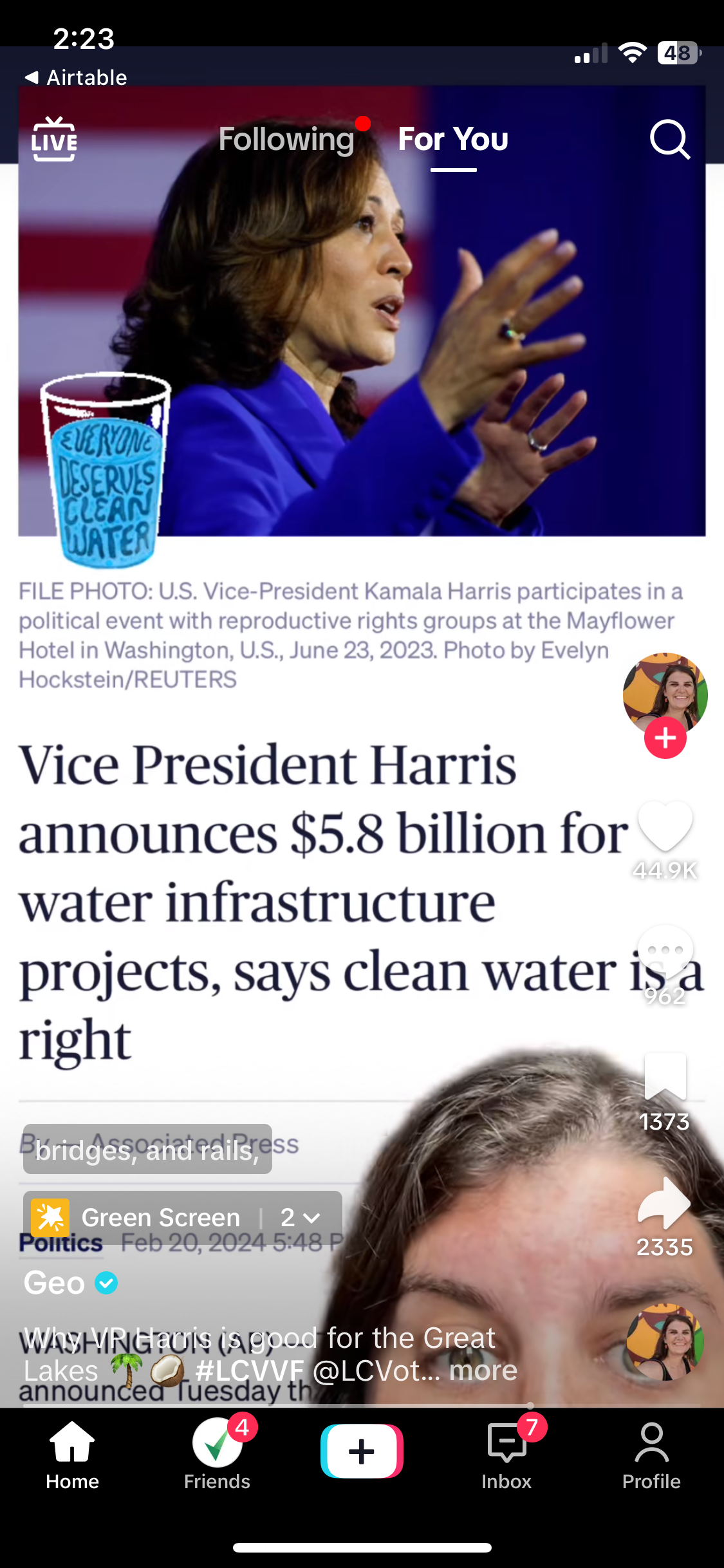 A screenshot of a TikTok post. It includes a headline which reads "Vice President Harris announces $5.8 billion for water infrastructure projects, says clean water is a right"