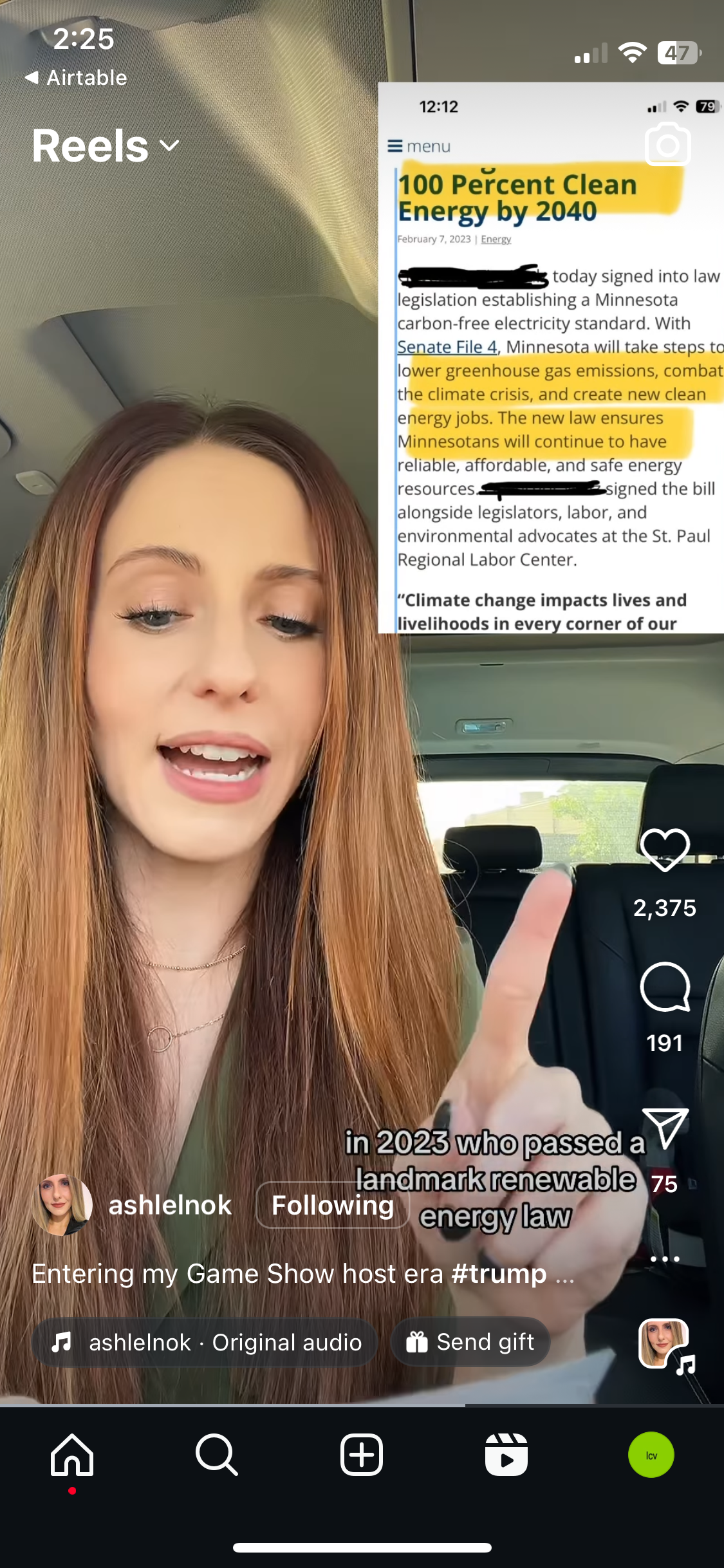A screenshot of an Instagram post. A woman in her car points to a news article about clean energy.