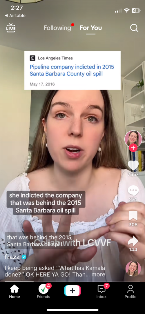A screenshot of a TikTok. A woman's face surrounded by text about oil spills.