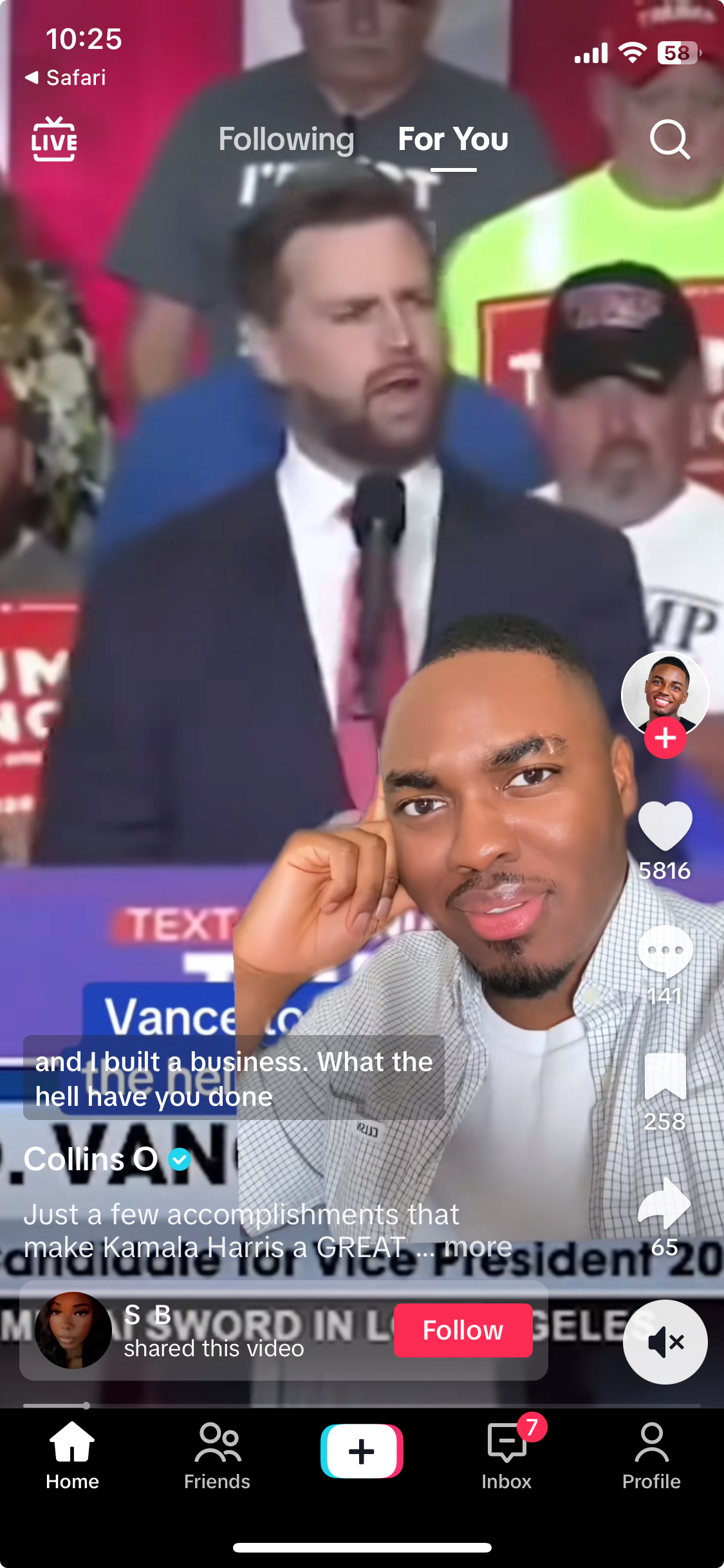 A screenshot of a TikTok, with a man in front of a greenscreen of JD Vance speaking at a podium.